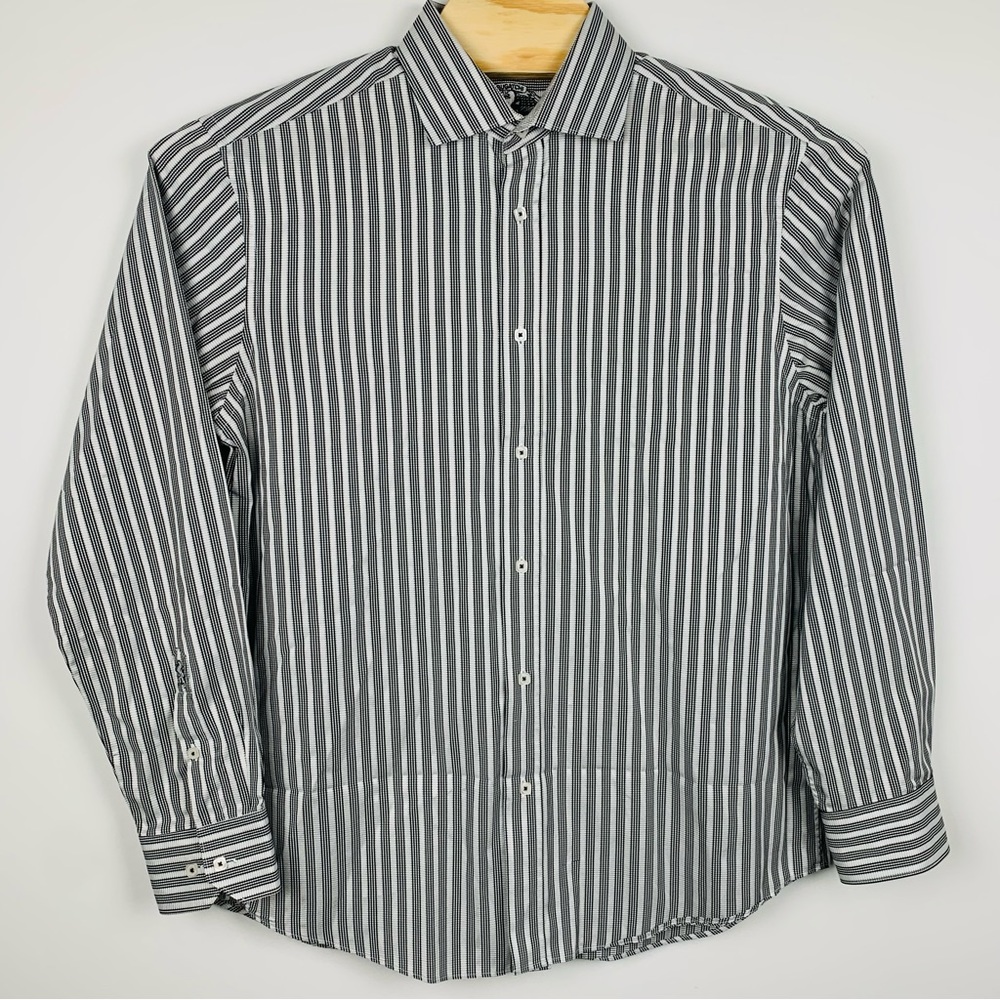 Bugatchi Men's XL Black White Long Sleeve Flip Cuff Shaped Fit Button Up Shirt